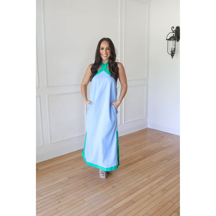 Merri Blue Halter Neck Midi Dress