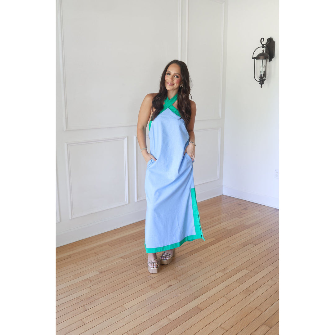 Merri Blue Halter Neck Midi Dress