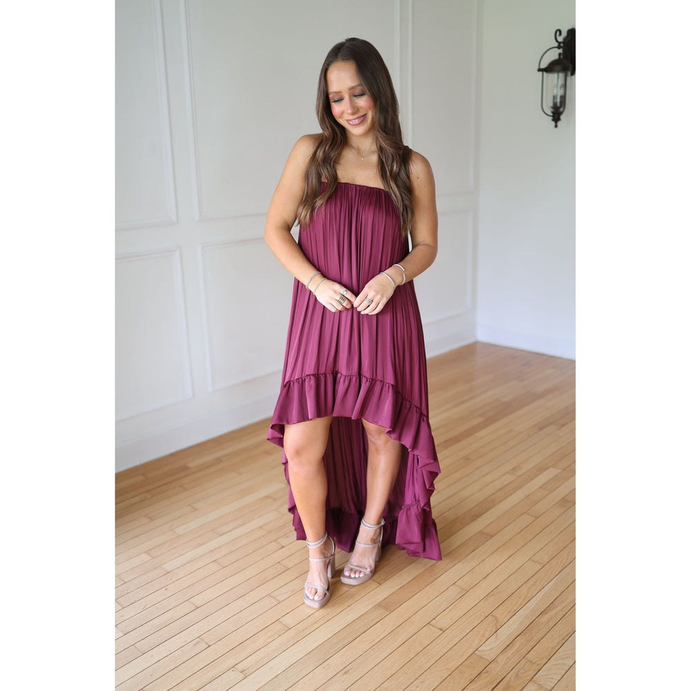 Woman wearing a burgundy dress 