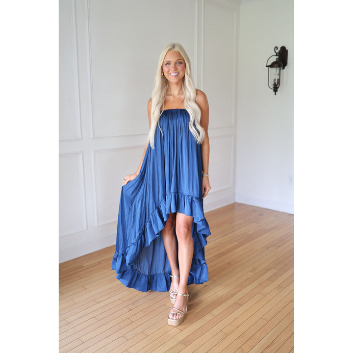 Woman wearing a blue dress 
