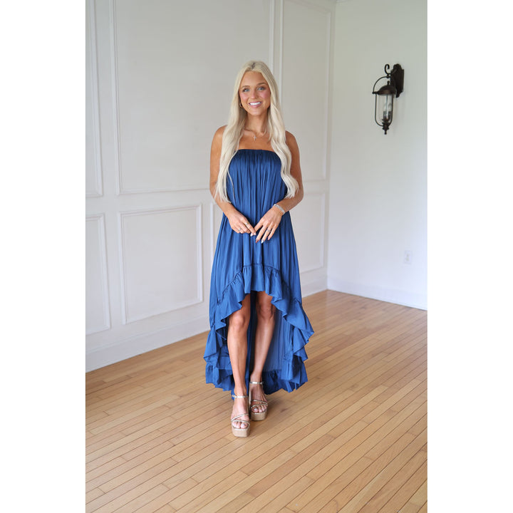 Woman wearing a blue dress 