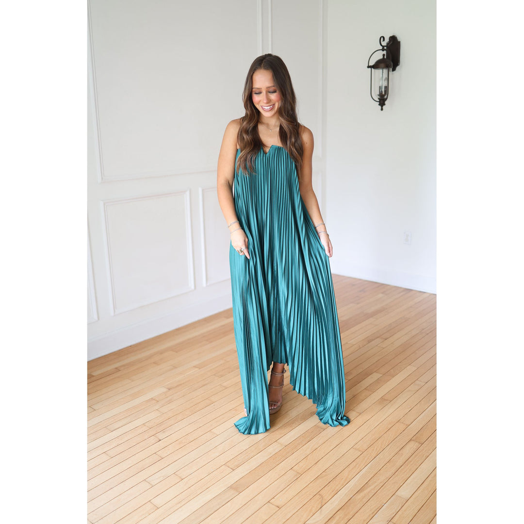 Woman in a teal dress 