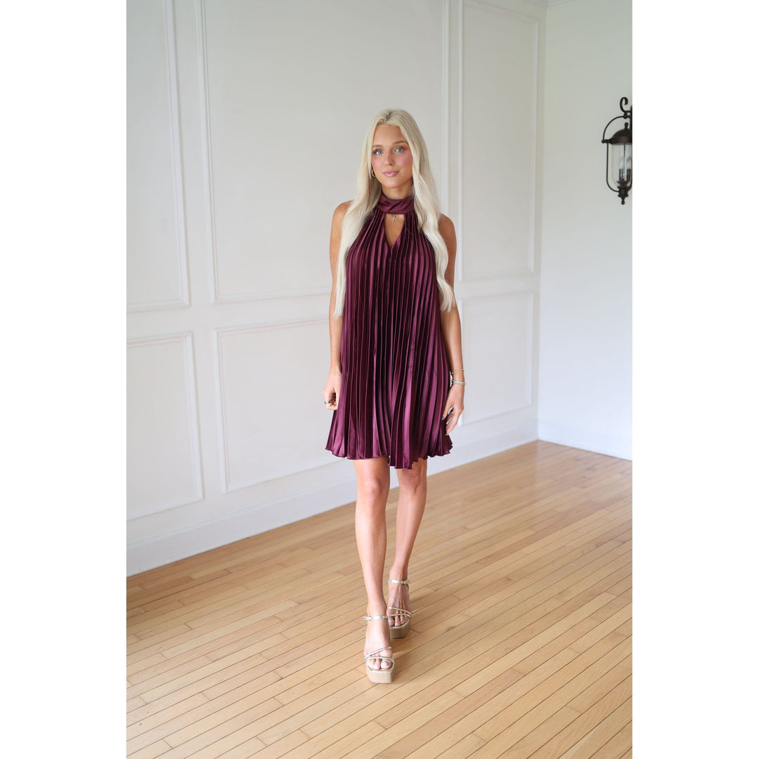 Woman wearing a wine dress 