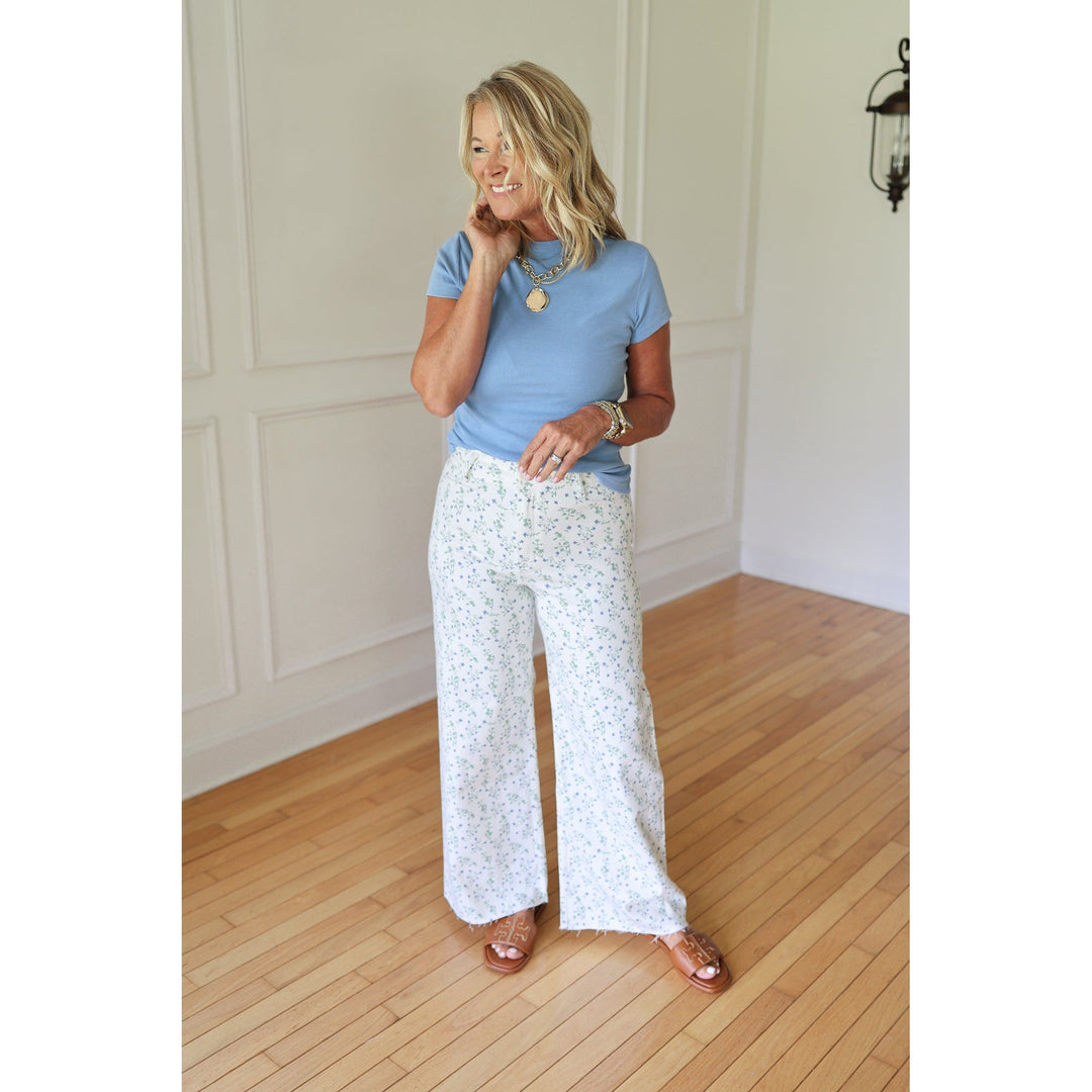 white pants with blue floral print