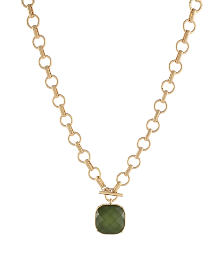 Olive Round and Faceted Stone Necklace