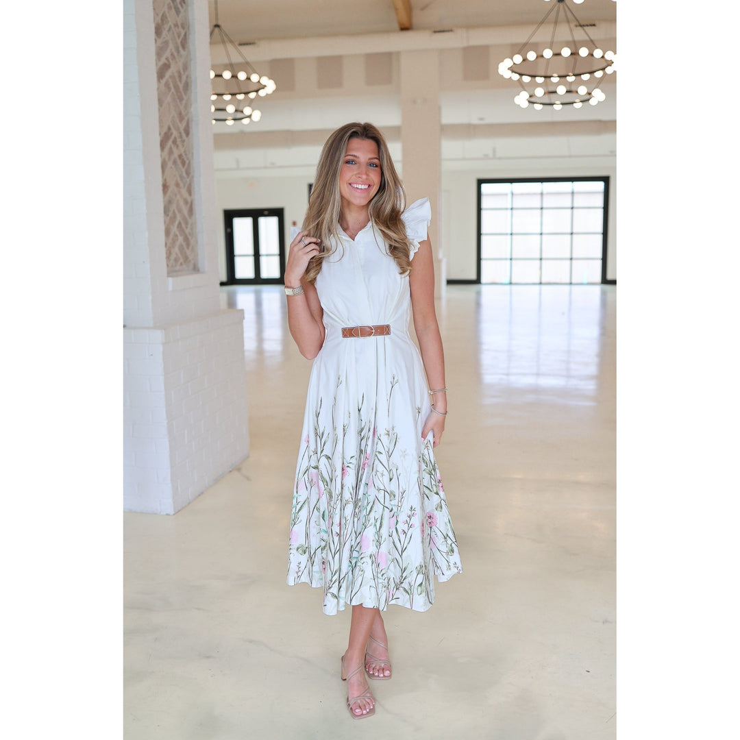 Piperley Button Front Ivory Midi Dress