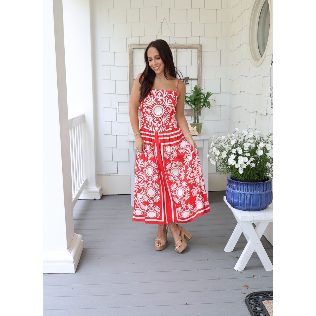 red midi dress