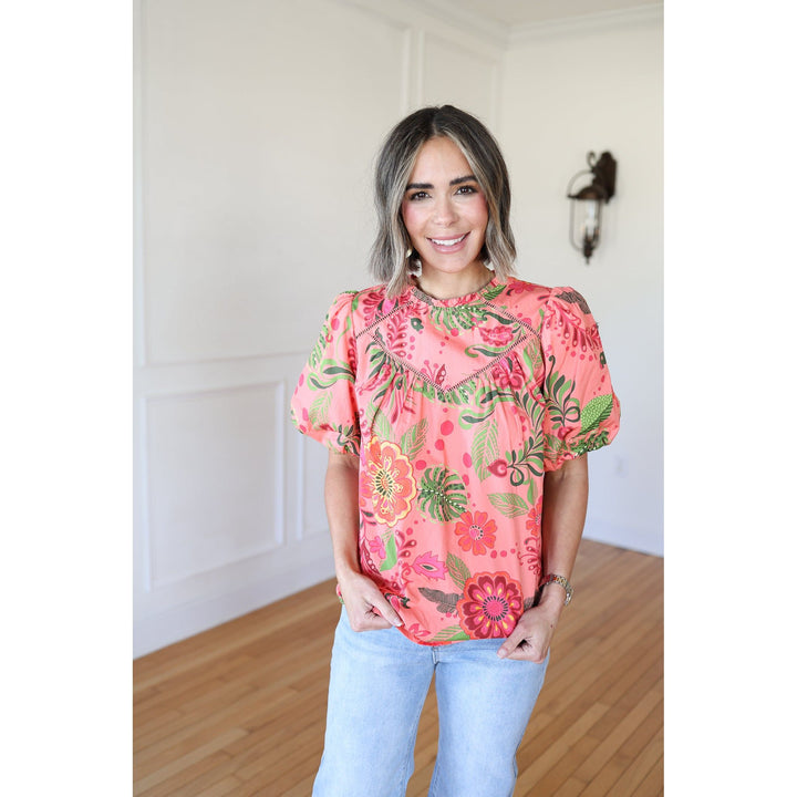 Pollie Coral Floral Poplin Top