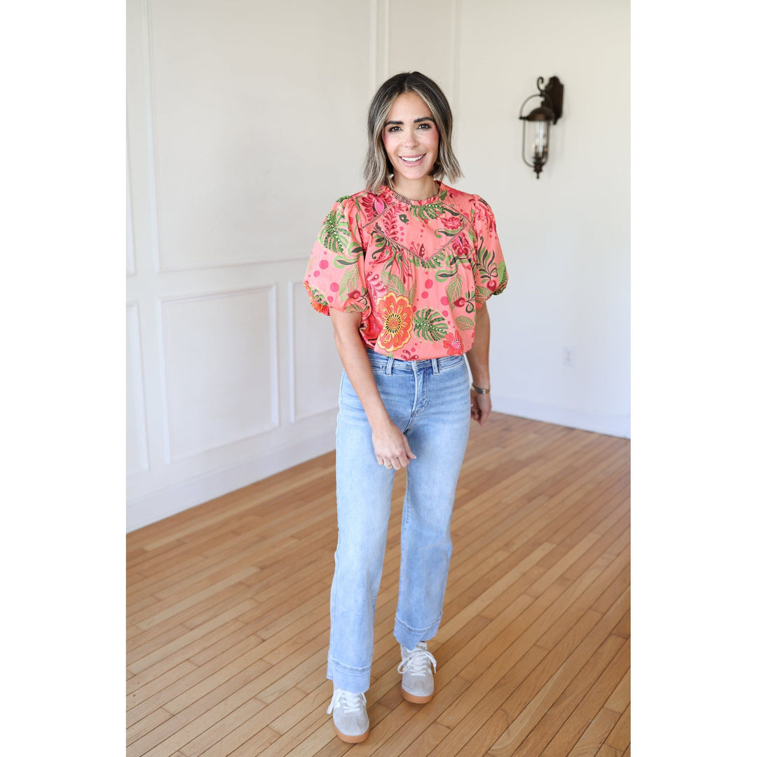 Pollie Coral Floral Poplin Top