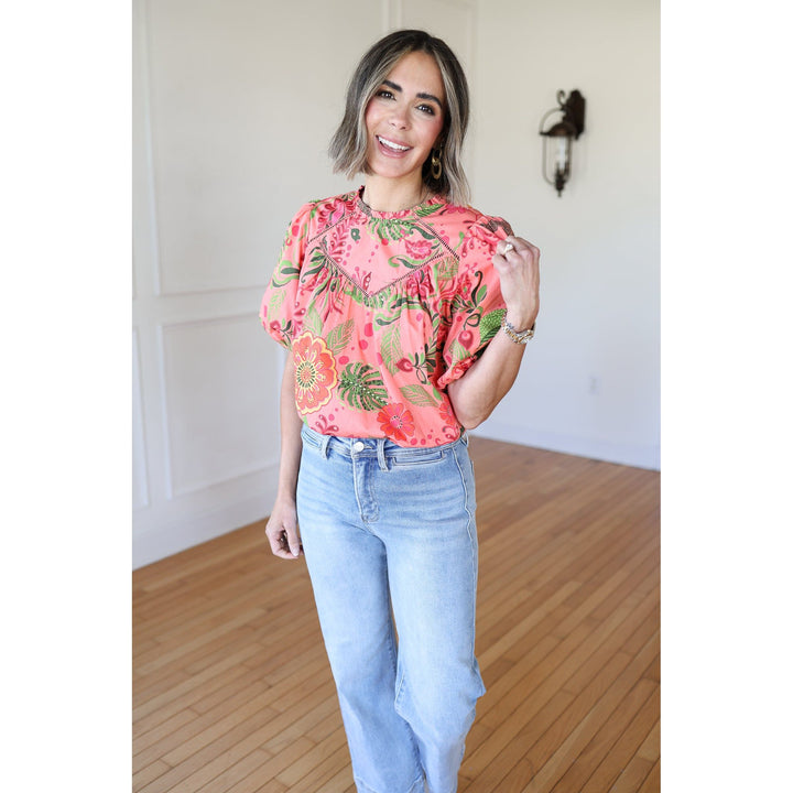Pollie Coral Floral Poplin Top