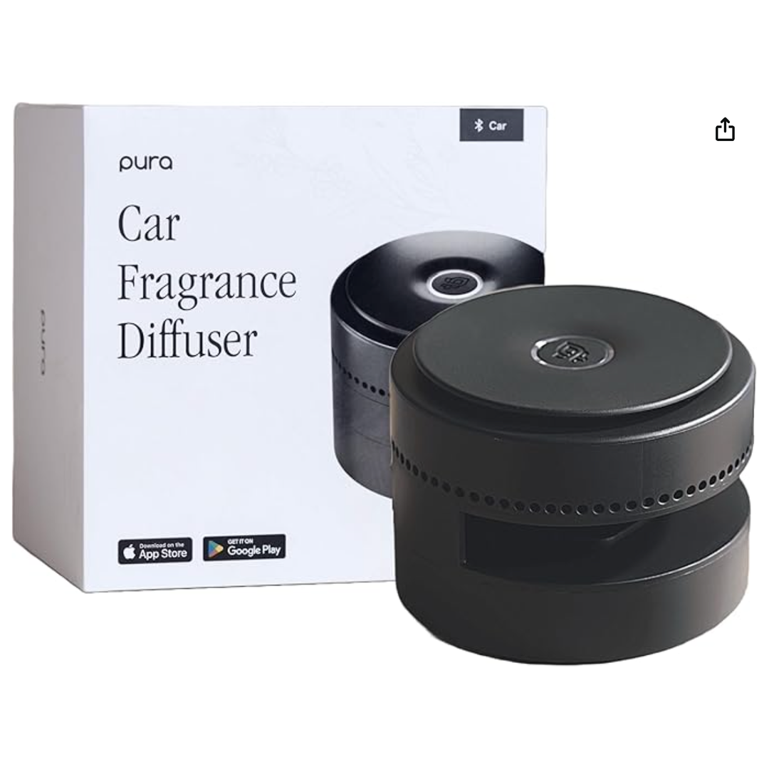 Black car fragrance diffuser with packaging displaying 'pura' branding.