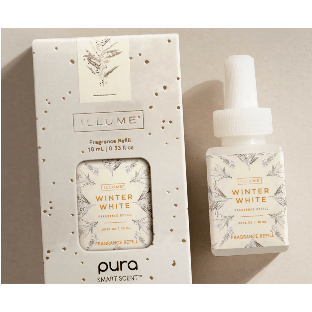 ILLUME Winter White fragrance refill bottle and packaging on a neutral background