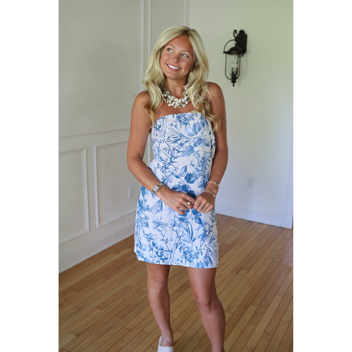 Quinley Blue and White Floral Strapless Dress