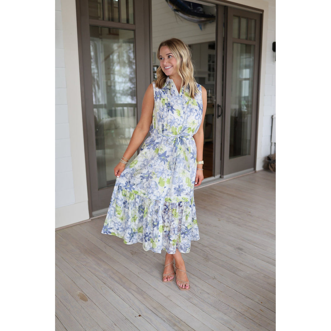 Rae Blue Floral Print Midi Shirt Dress