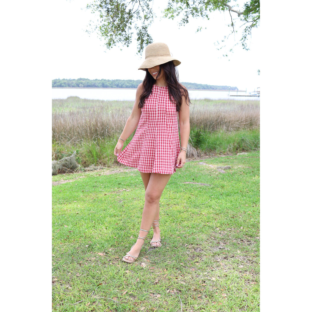 red gingham romper