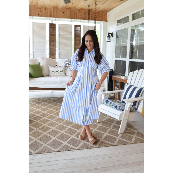 blue striped midi dress 