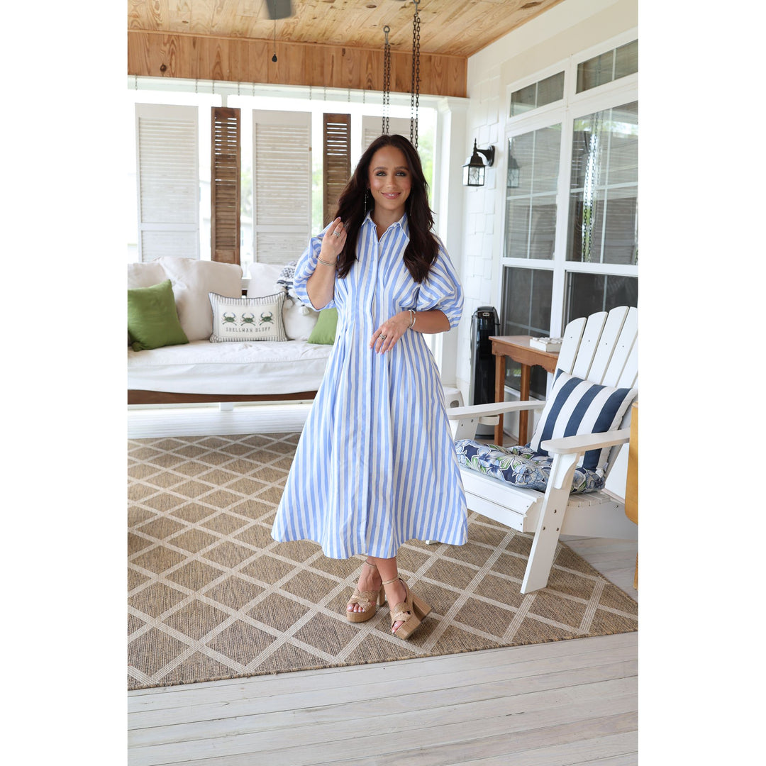 blue striped midi dress 