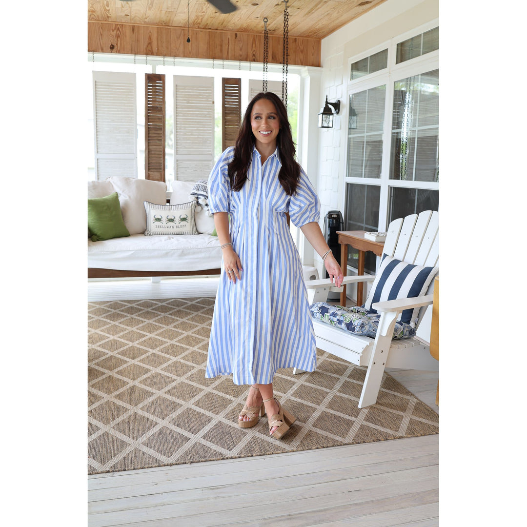 blue striped midi dress 