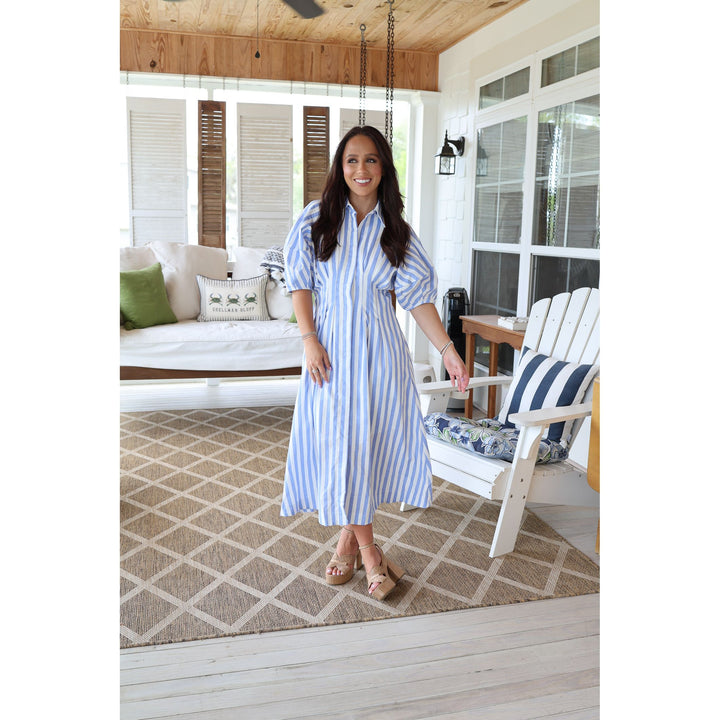 blue striped midi dress 