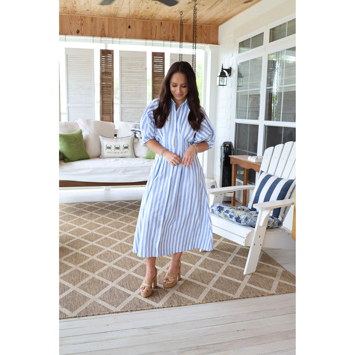 blue striped midi dress 