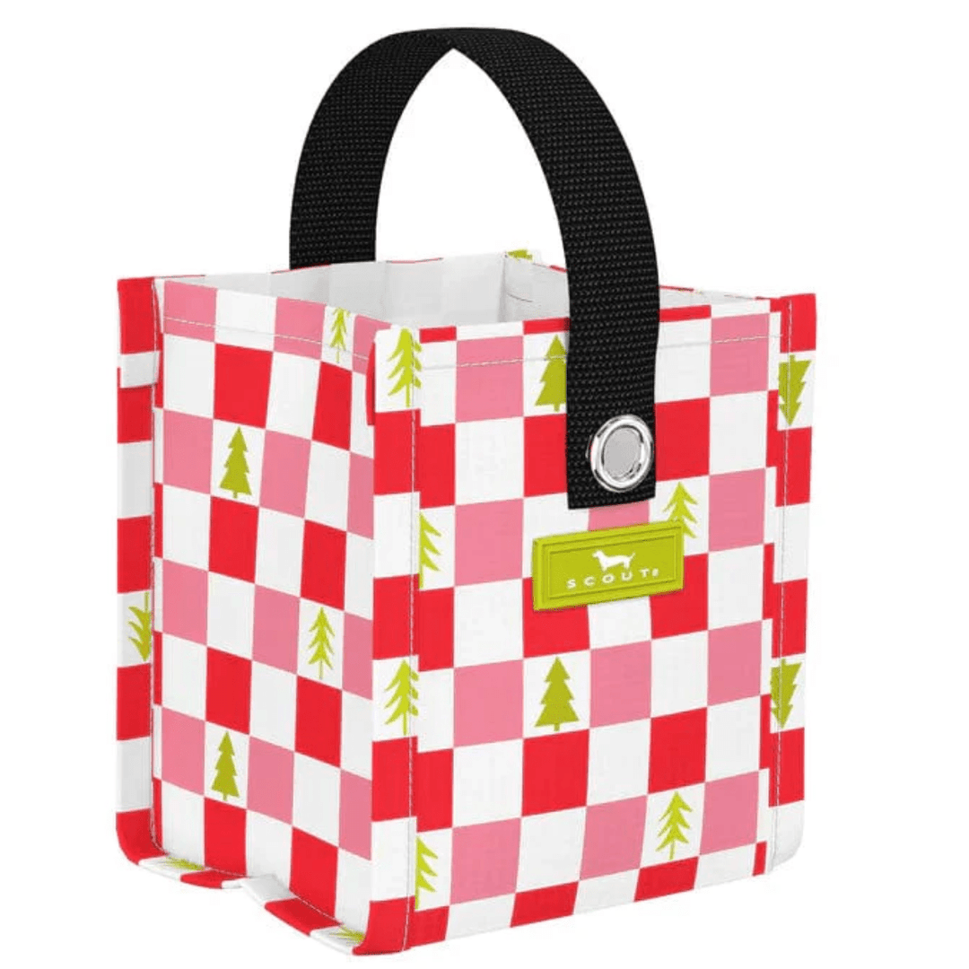 Red and white checkered bag with green trees and a black handle 