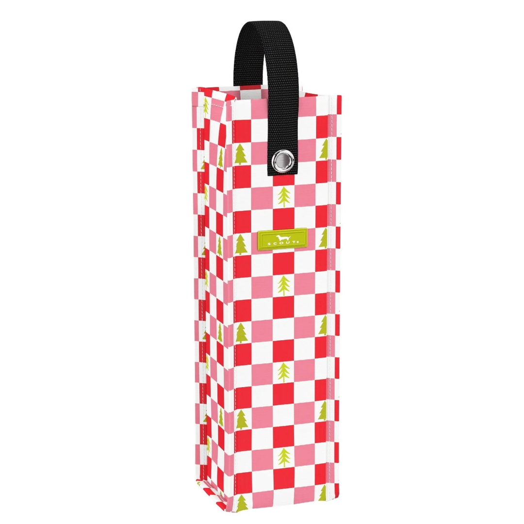 Red and white checkered wine bag with black handle and green label 