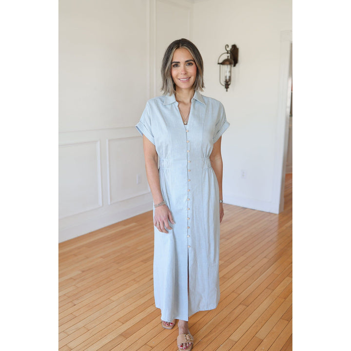Selina Washed Blue Cotton Midi Dress