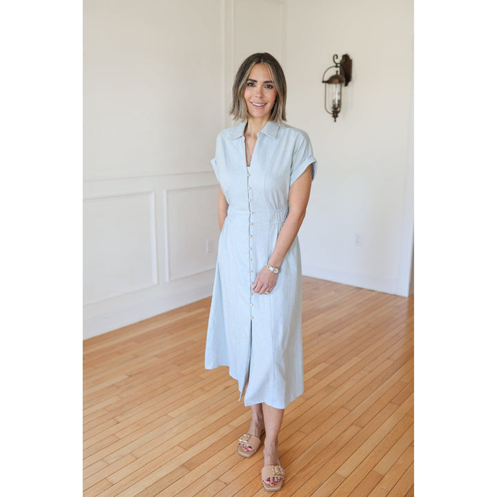 Selina Washed Blue Cotton Midi Dress