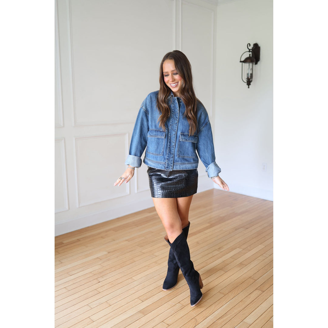 denim jacket and faux leather skort