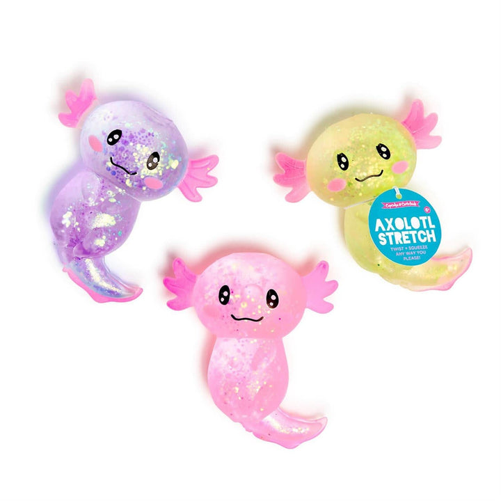 Three colorful axolotl plush toys on a white background