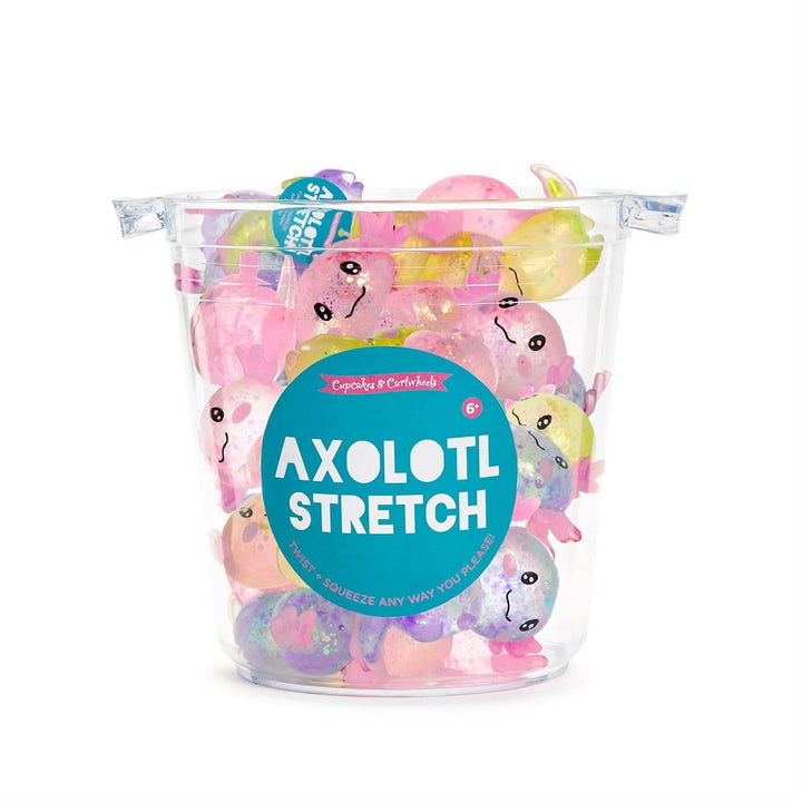 Clear container filled with colorful axolotl stretch toys on a white background