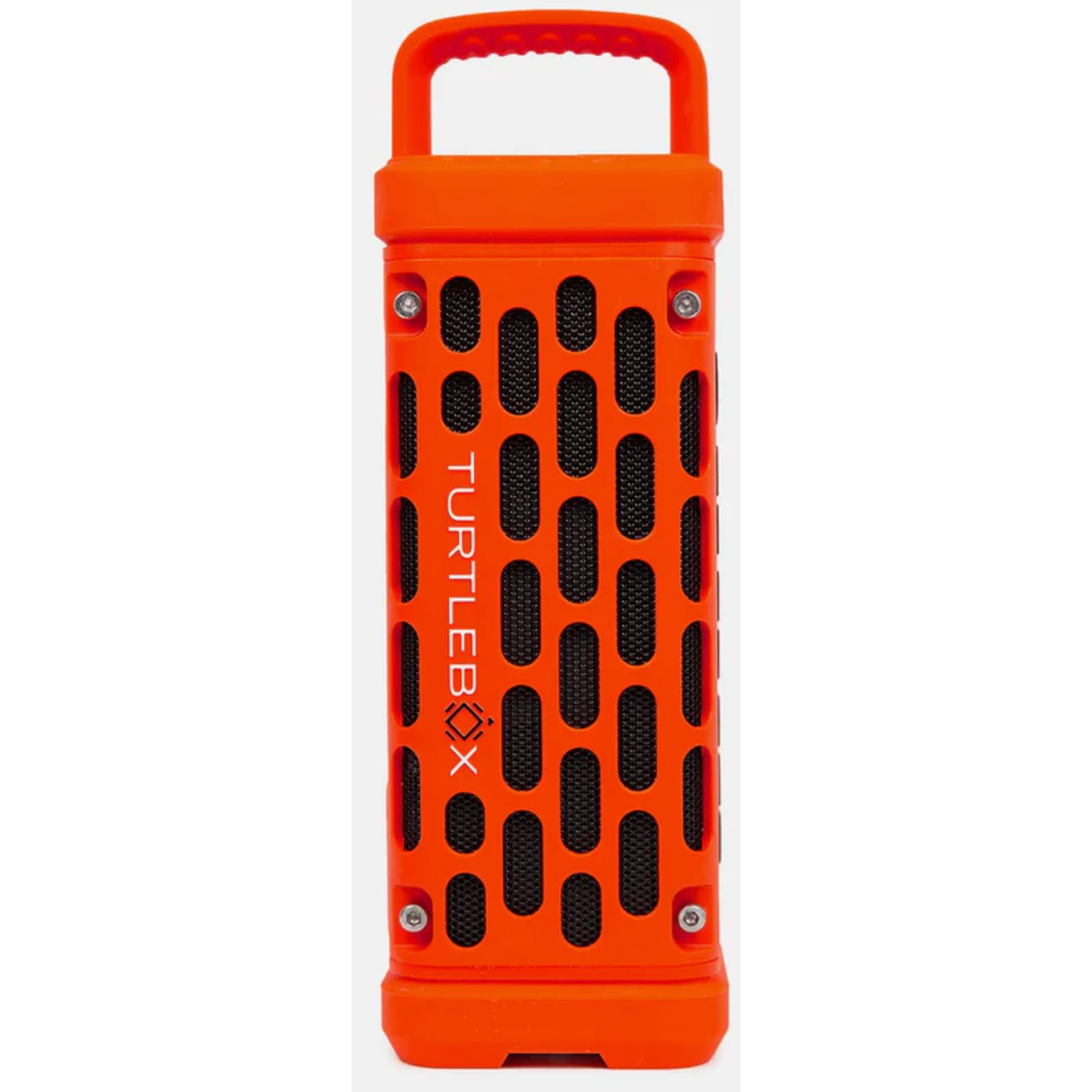 Orange portable speaker with 'Turtlebox' branding 