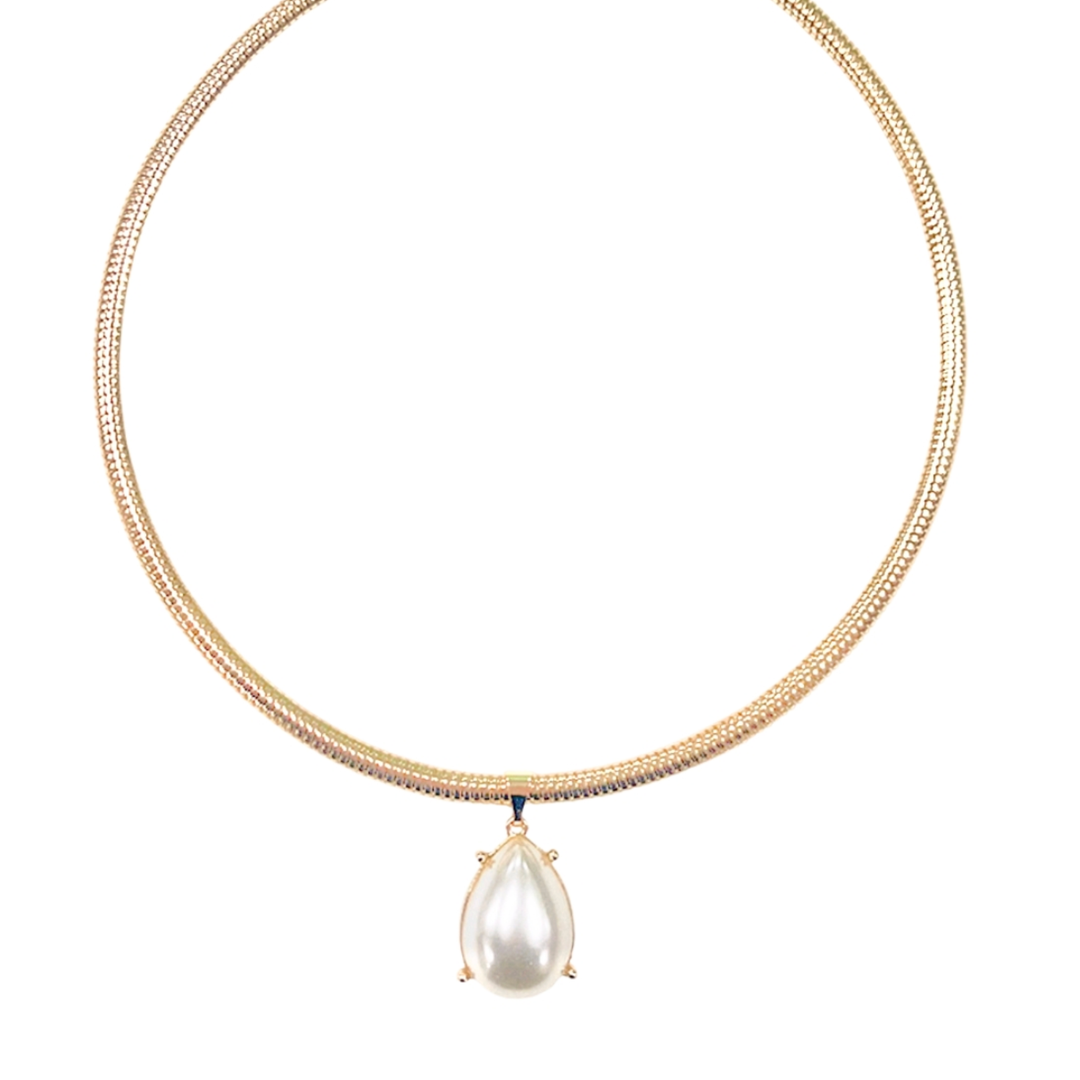A gold snake chain necklace featuring a teardrop-shaped white pearl pendant with a small blue accent stone at the top.