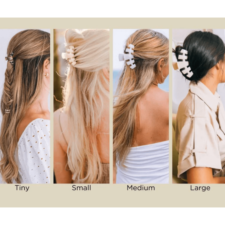 Comparison of hair clips on different hair lengths with labels 'Tiny', 'Small', 'Medium', and 'Large'.