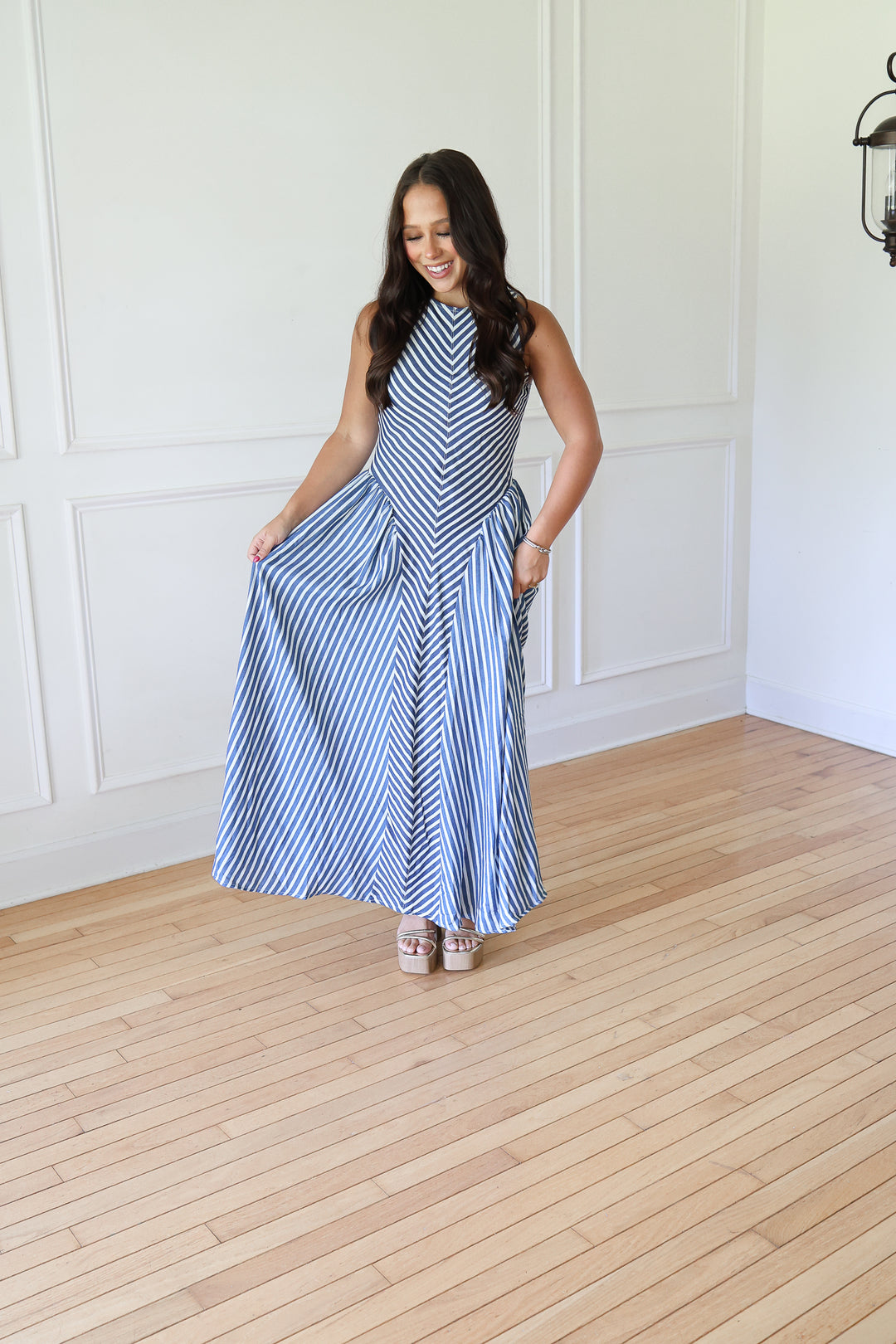 woman wearing denim striped maxi dress3
