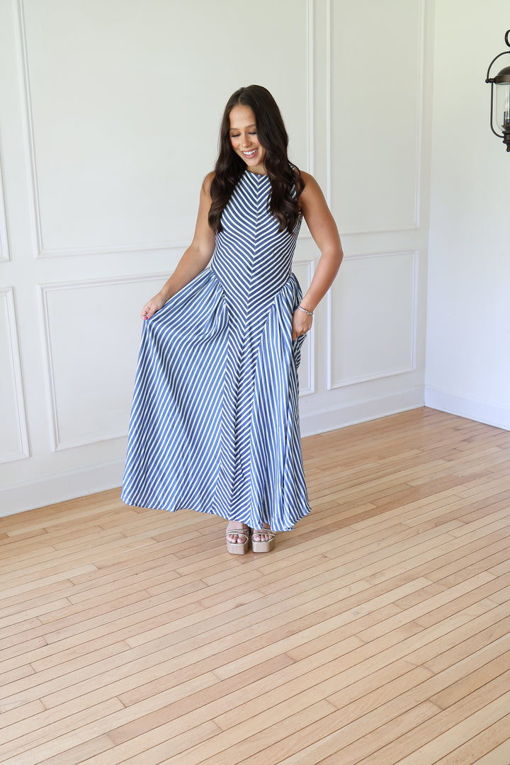 woman wearing denim striped maxi dress3