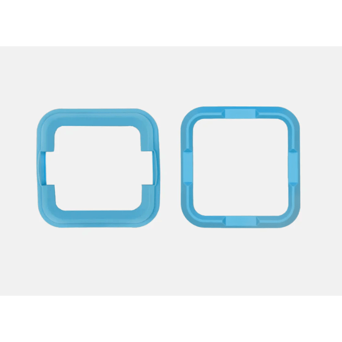Two blue square frames on a light gray background