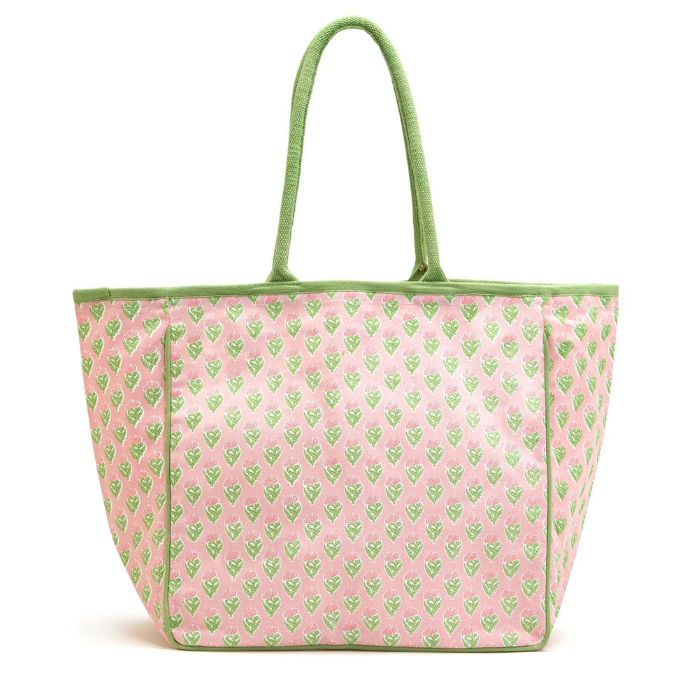 Pink tote bag with green heart pattern 