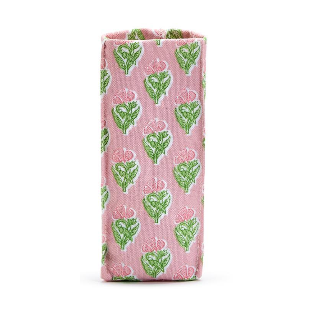 Fabric pouch with green floral pattern on pink background
