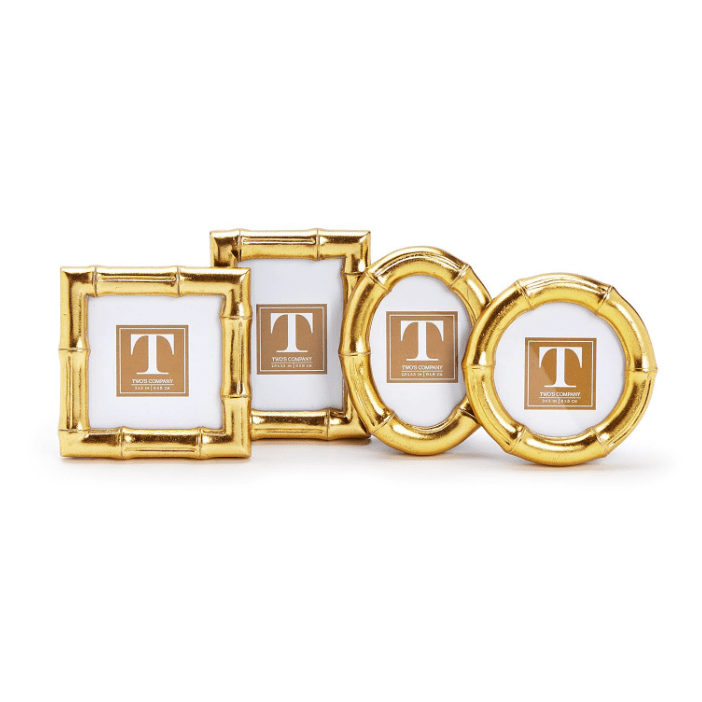 Set of gold picture frames with a logo on a white background