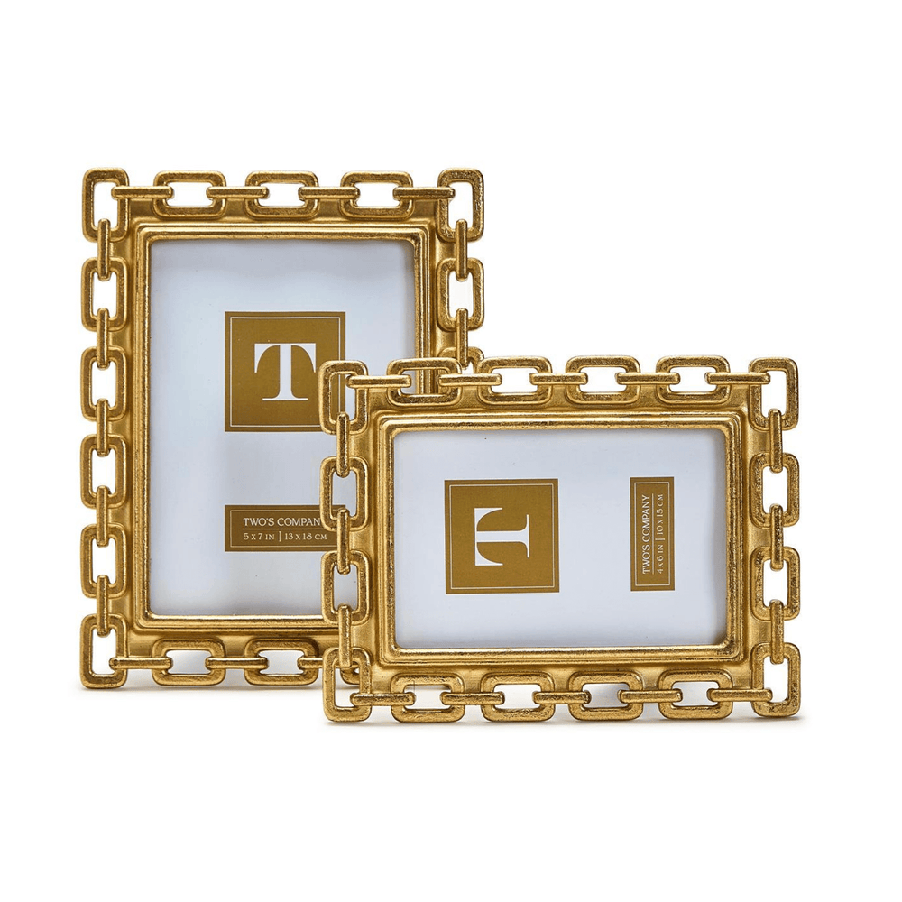 Two gold picture frames with decorative chain-like design 