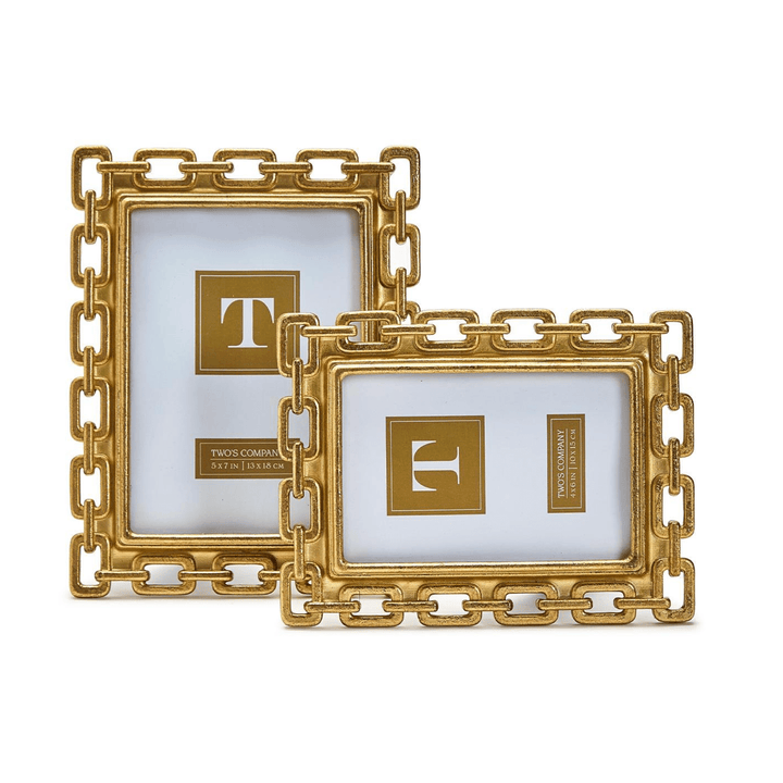 Two gold picture frames with decorative chain-like design 