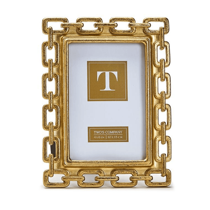 Gold chain-link picture frame with 'TWO'S COMPANY' branding on a white background