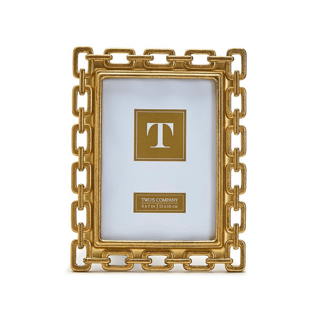 Gold chain-style picture frame with a white center displaying a logo and text.