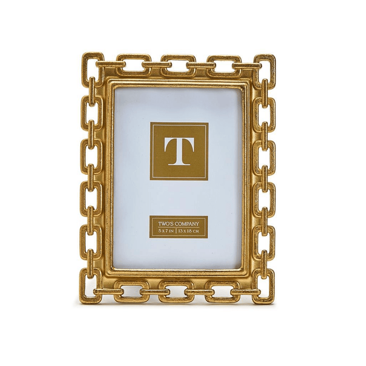 Gold chain-style picture frame with a white center displaying a logo and text.