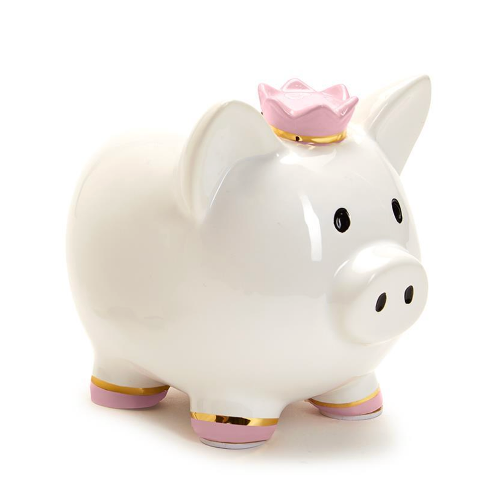 White piggy bank with a pink crown 