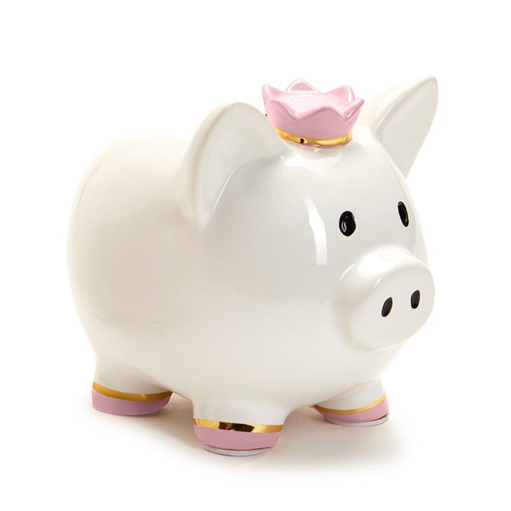 White piggy bank with a pink crown 