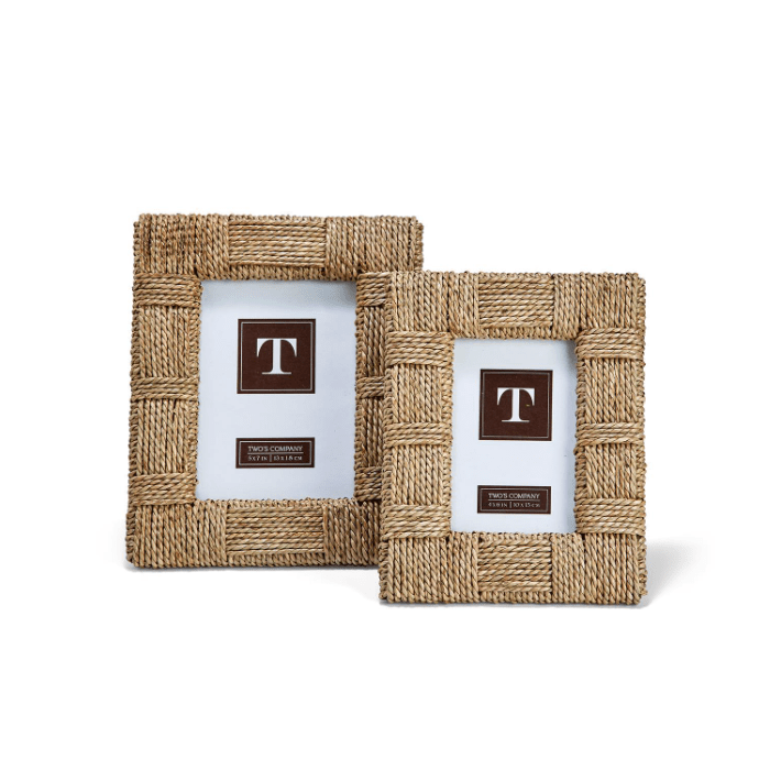 Two rustic jute picture frames on a white background