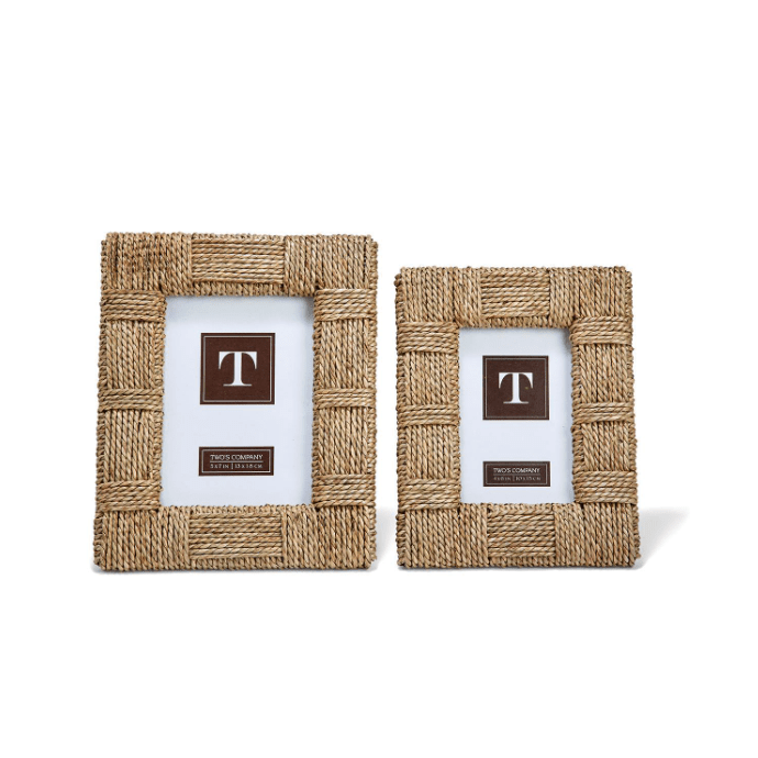 Two rustic photo frames made of woven material on a white background