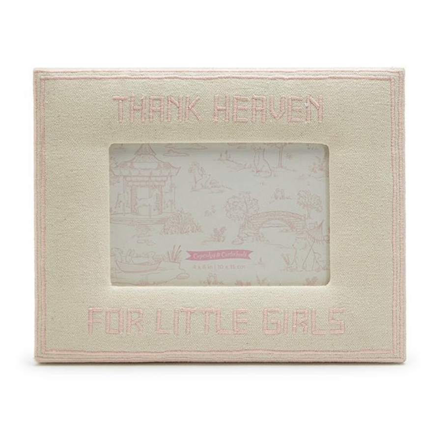 Beige fabric frame with embroidered text 